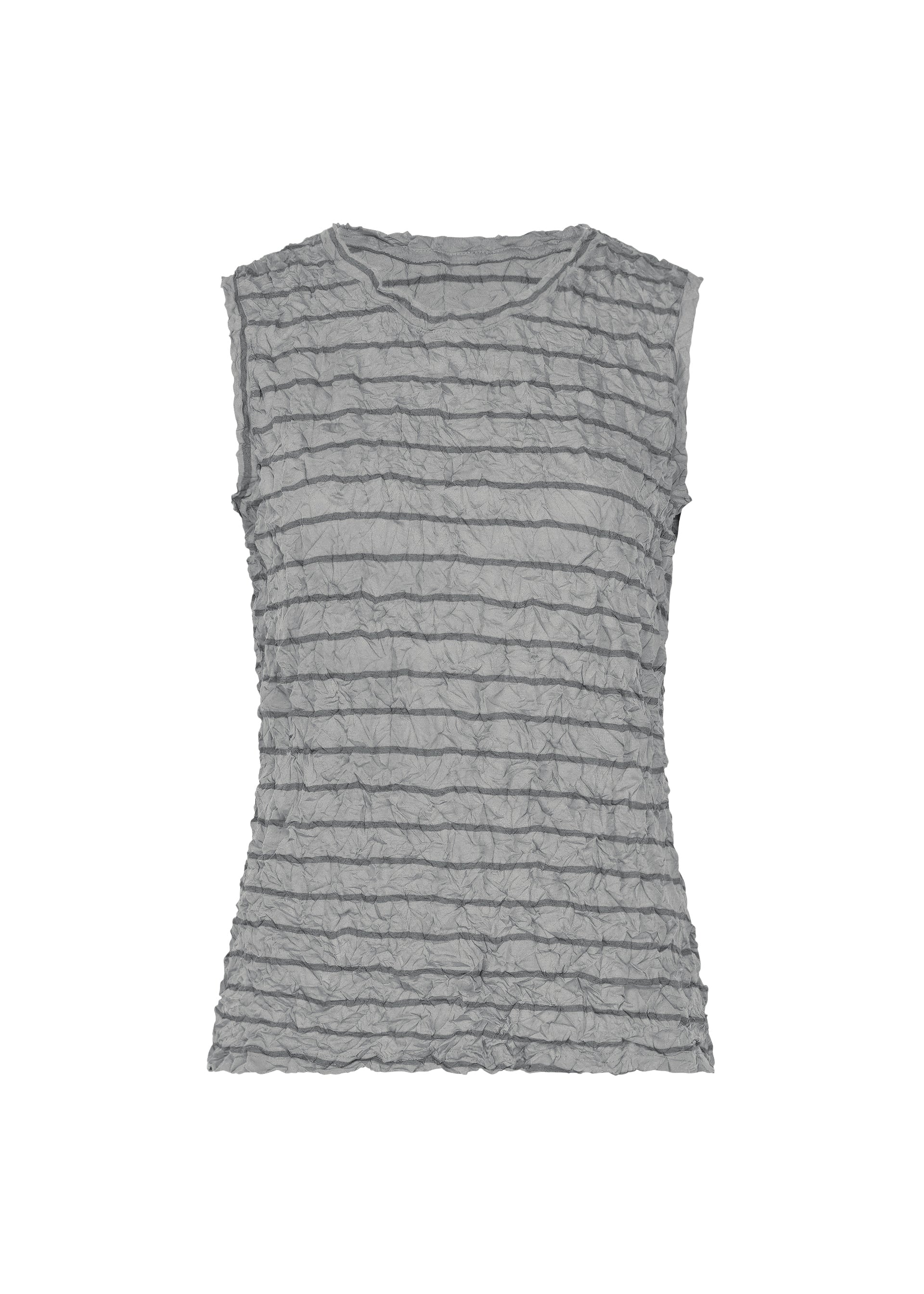 Zoomed view The STRIPE MERINGUE T-SHIRT by me ISSEY MIYAKE is a sleeveless gray top featuring a crushed finish and horizontal stripes, displayed against a white background. - GRAY-HUED （no.17）
