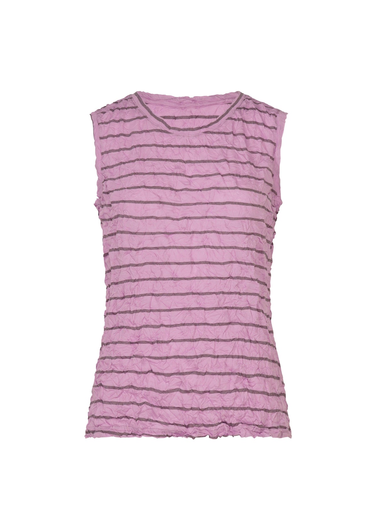STRIPE MERINGUE T-SHIRT by me ISSEY MIYAKE, a sleeveless light purple top featuring horizontal dark stripes and a crushed finish, displayed on a white background. view 2 of 7