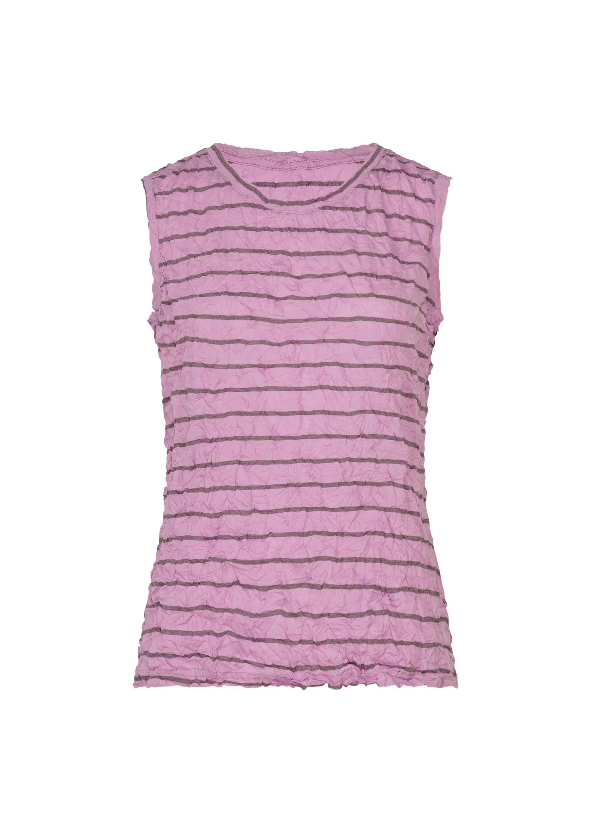 Zoomed view STRIPE MERINGUE T-SHIRT by me ISSEY MIYAKE, a sleeveless light purple top featuring horizontal dark stripes and a crushed finish, displayed on a white background. - PINK-HUED （no.27）