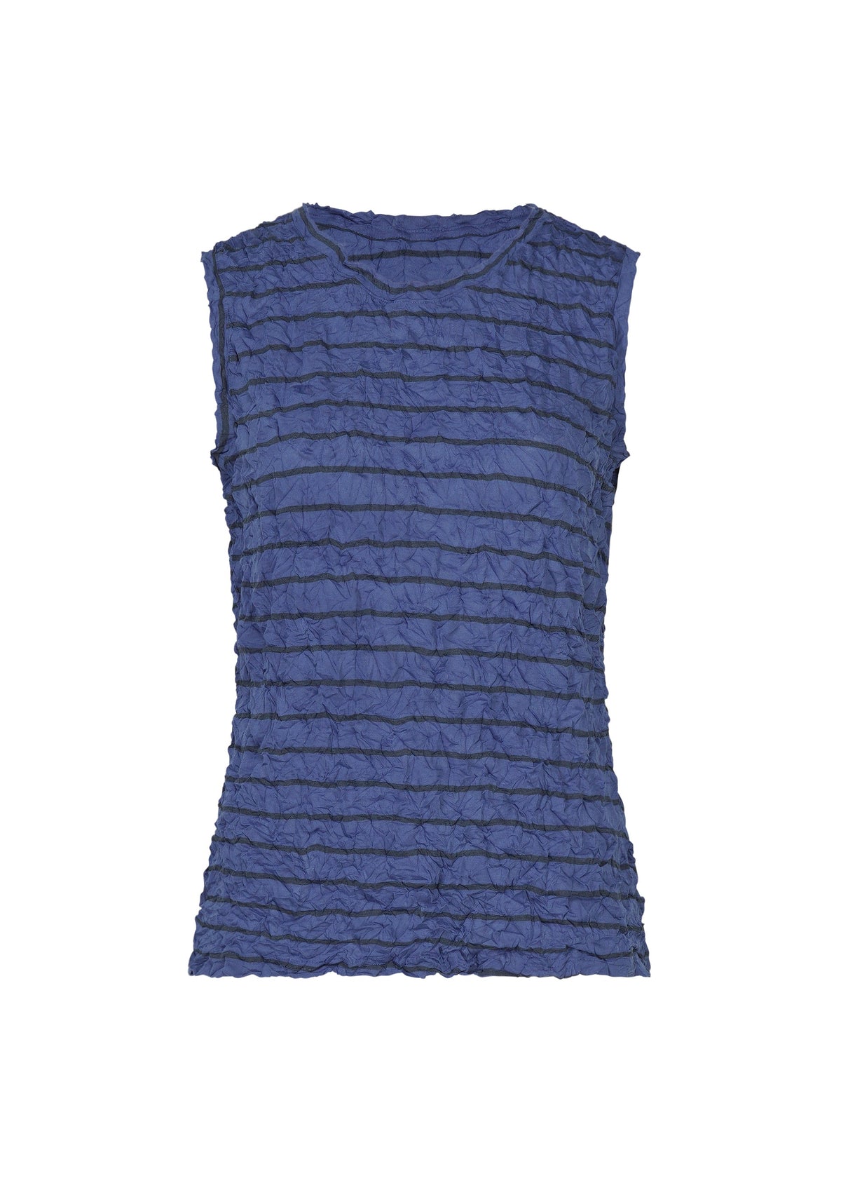 The STRIPE MERINGUE T-SHIRT by me ISSEY MIYAKE is a sleeveless blue top with a round neckline, featuring horizontal crinkled textured stripes and a subtle crushed finish, displayed against a white background. view 3 of 7