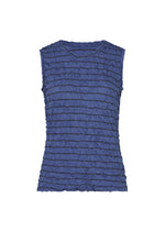 The STRIPE MERINGUE T-SHIRT by me ISSEY MIYAKE is a sleeveless blue top with a round neckline, featuring horizontal crinkled textured stripes and a subtle crushed finish, displayed against a white background. - BLUE-HUED （no.78）