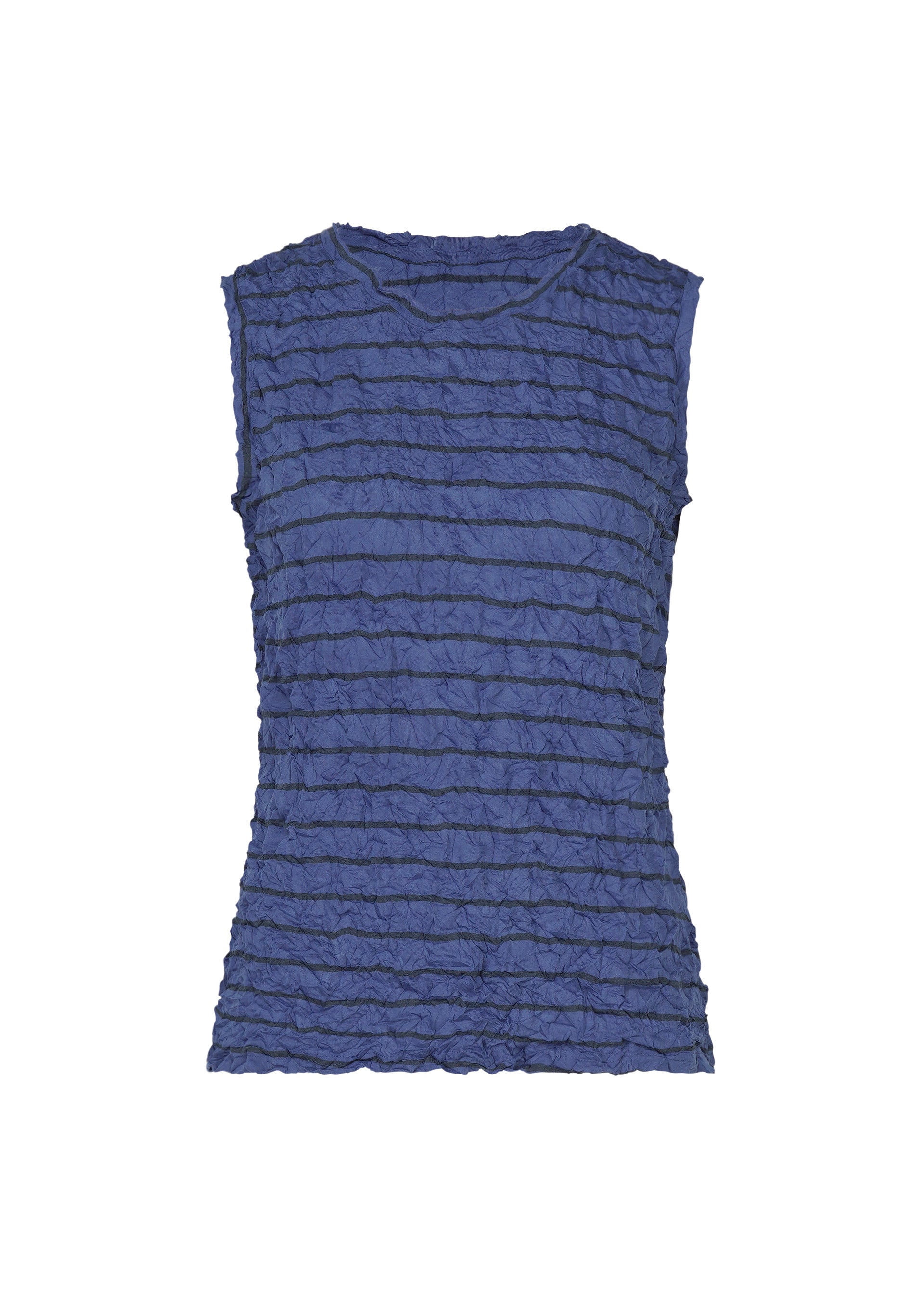 Zoomed view The STRIPE MERINGUE T-SHIRT by me ISSEY MIYAKE is a sleeveless blue top with a round neckline, featuring horizontal crinkled textured stripes and a subtle crushed finish, displayed against a white background. - BLUE-HUED （no.78）