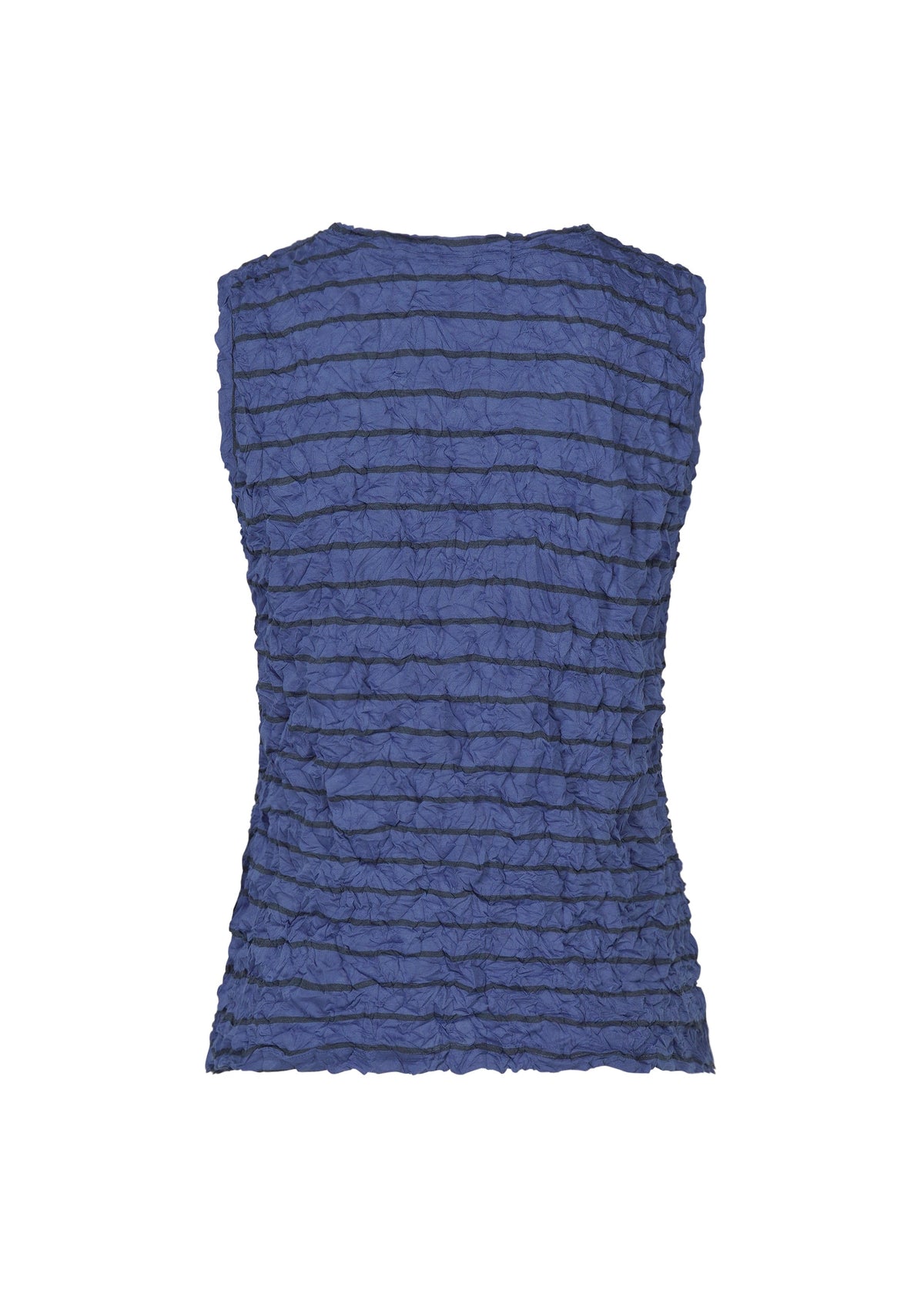 Back view of the STRIPE MERINGUE T-SHIRT by me ISSEY MIYAKE, a sleeveless blue top featuring horizontal stripes and a ruched texture, displayed against a plain white background. view 4 of 7
