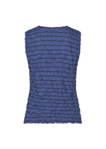 Back view of the STRIPE MERINGUE T-SHIRT by me ISSEY MIYAKE, a sleeveless blue top featuring horizontal stripes and a ruched texture, displayed against a plain white background.