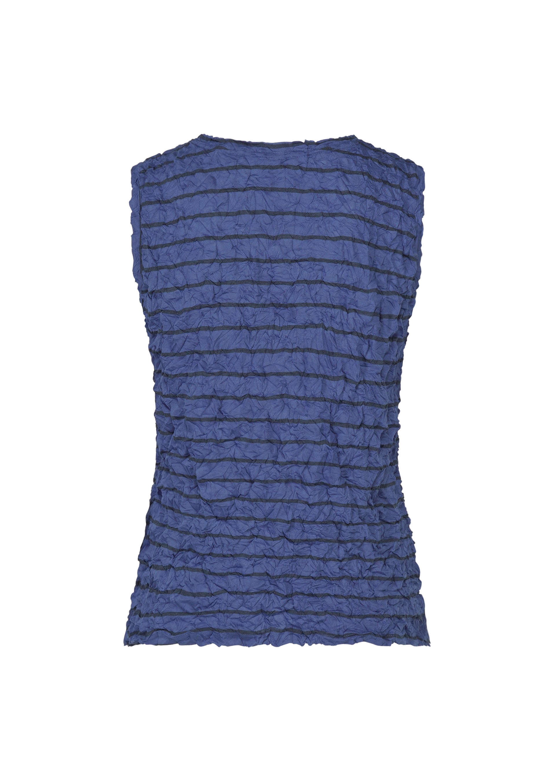 Zoomed view Back view of the STRIPE MERINGUE T-SHIRT by me ISSEY MIYAKE, a sleeveless blue top featuring horizontal stripes and a ruched texture, displayed against a plain white background.