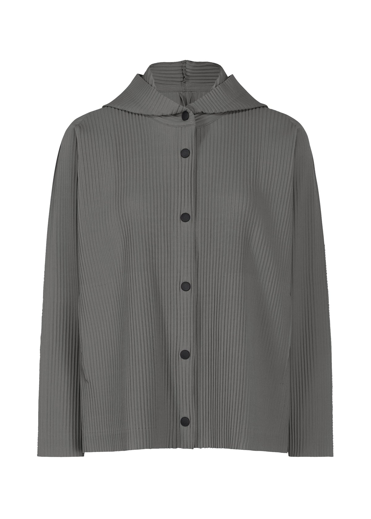 A gray, long-sleeve button-up shirt from me ISSEY MIYAKE, named FINE KNIT PLEATS COLOR 2, featuring a fine knit pleated texture and a small collar, displayed against a white background. view 1 of 10