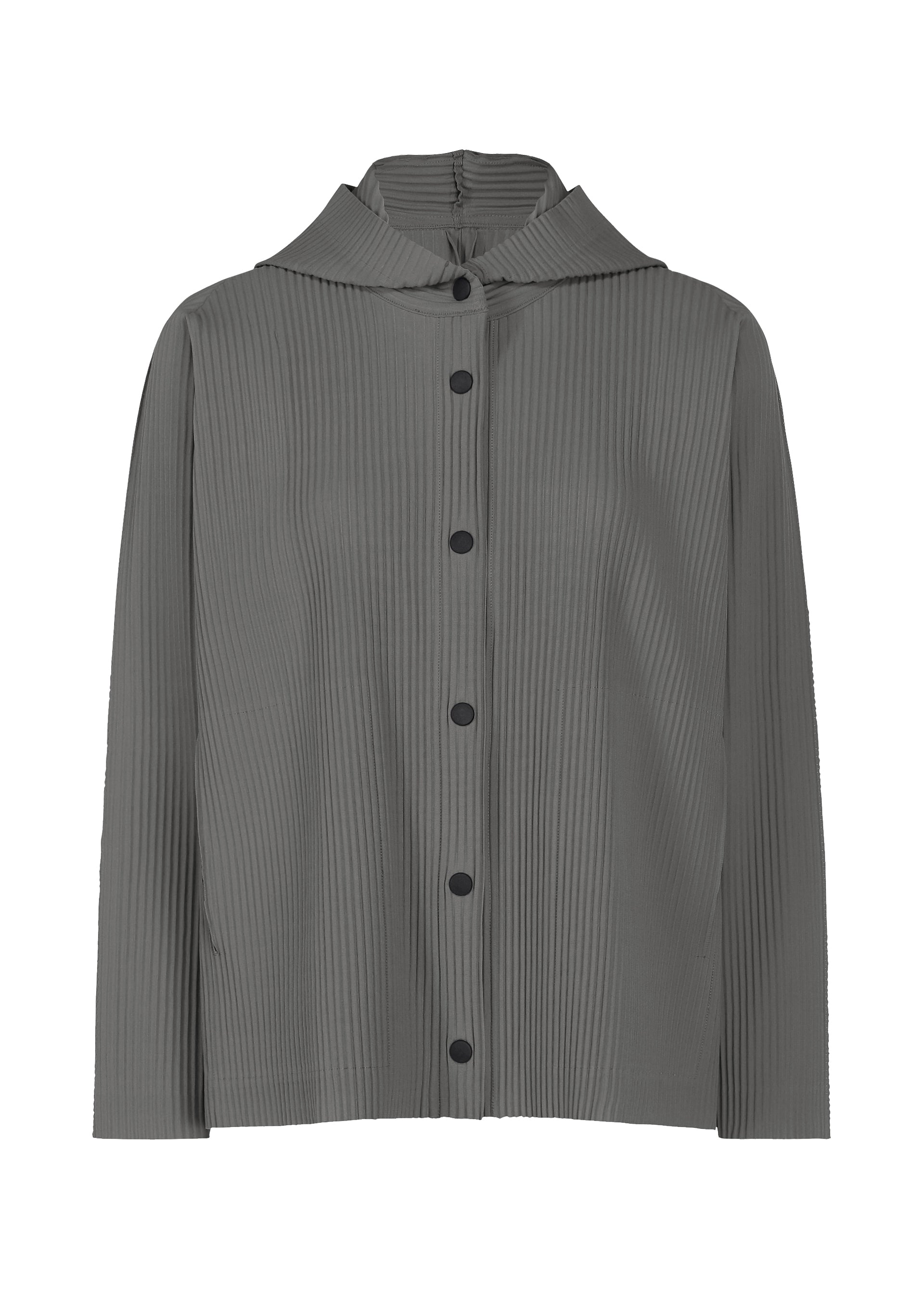 Zoomed view A gray, long-sleeve button-up shirt from me ISSEY MIYAKE, named FINE KNIT PLEATS COLOR 2, featuring a fine knit pleated texture and a small collar, displayed against a white background. - CHARCOAL （no.14）