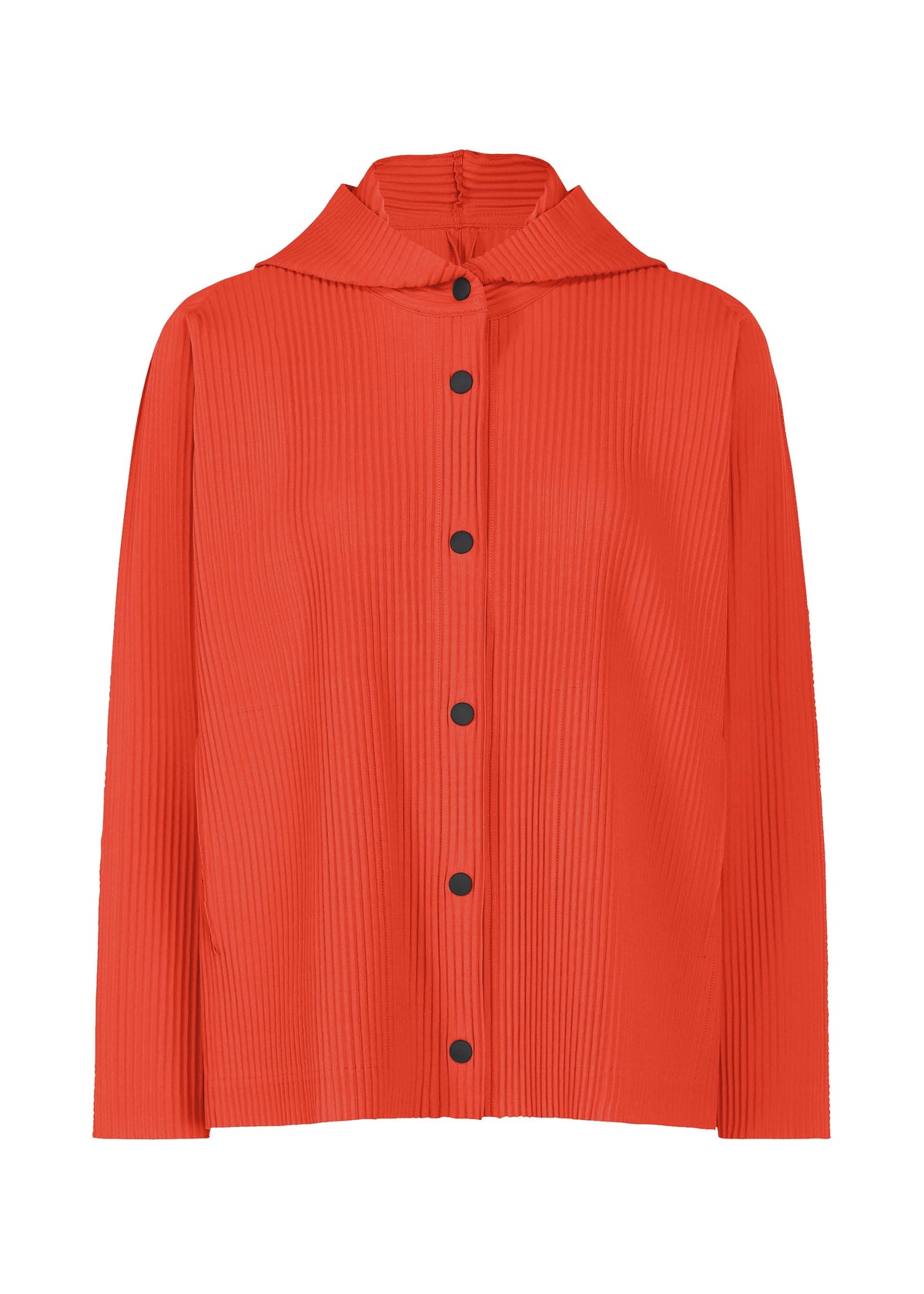 The me ISSEY MIYAKE FINE KNIT PLEATS COLOR 2 is a bright orange, long-sleeve shirt featuring a collar and black buttons down the center. Crafted from textured, ribbed fabric that evokes fine knit pleats, this piece is showcased against a white background. view 2 of 10
