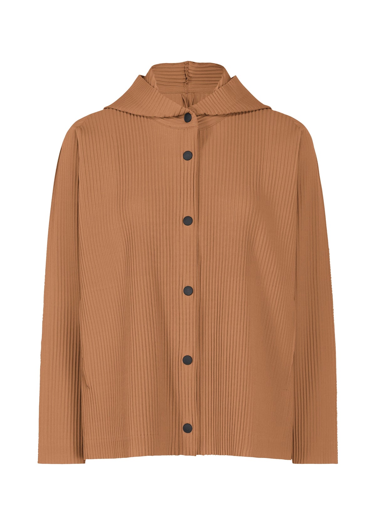 FINE KNIT PLEATS COLOR 2 by me ISSEY MIYAKE—a light brown, long-sleeved, pleated knit jacket with a collar and black buttons down the front—displayed on a white background. view 3 of 10