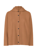 FINE KNIT PLEATS COLOR 2 by me ISSEY MIYAKE—a light brown, long-sleeved, pleated knit jacket with a collar and black buttons down the front—displayed on a white background. - BROWN （no.44）