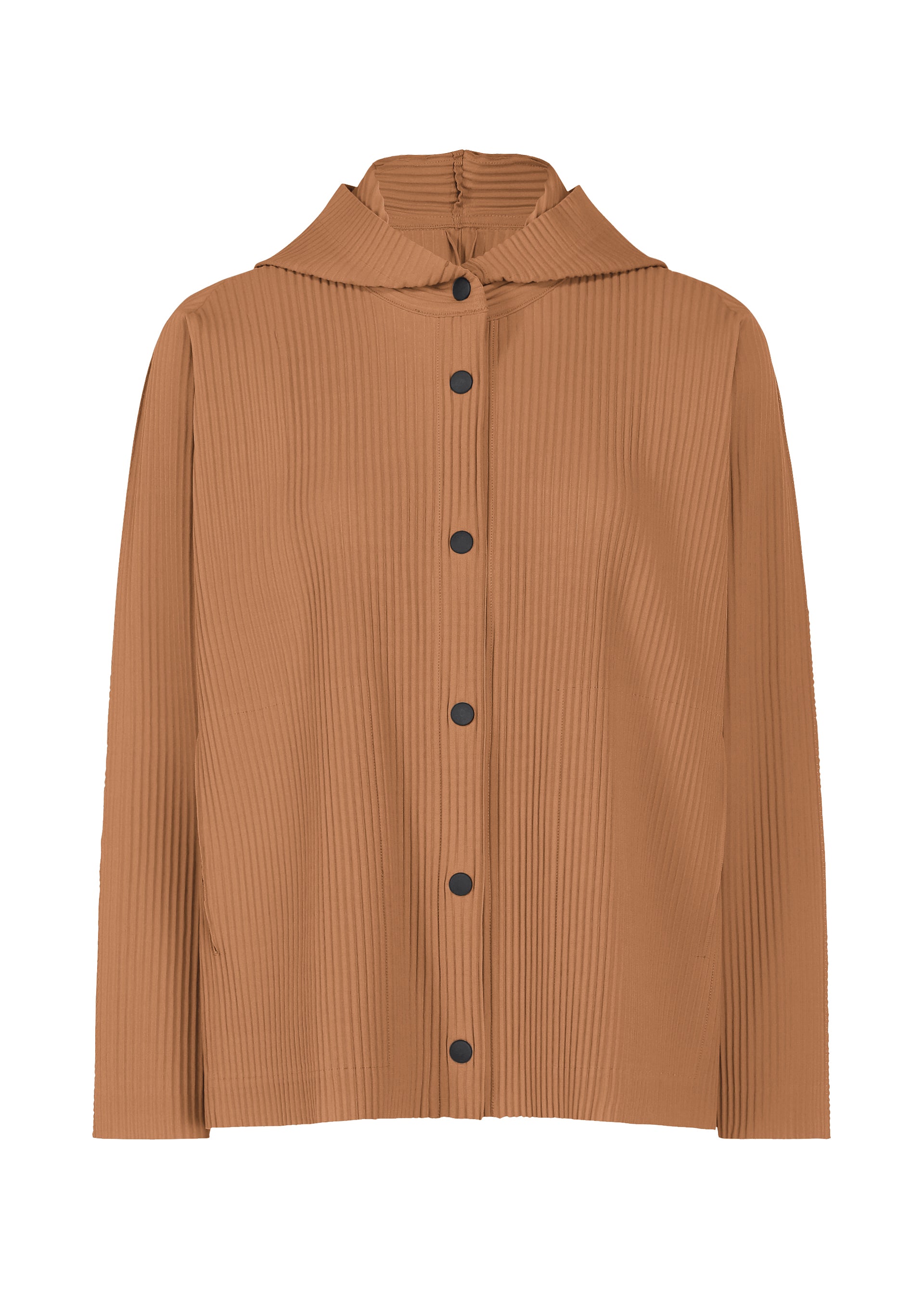 Zoomed view FINE KNIT PLEATS COLOR 2 by me ISSEY MIYAKE—a light brown, long-sleeved, pleated knit jacket with a collar and black buttons down the front—displayed on a white background. - BROWN （no.44）