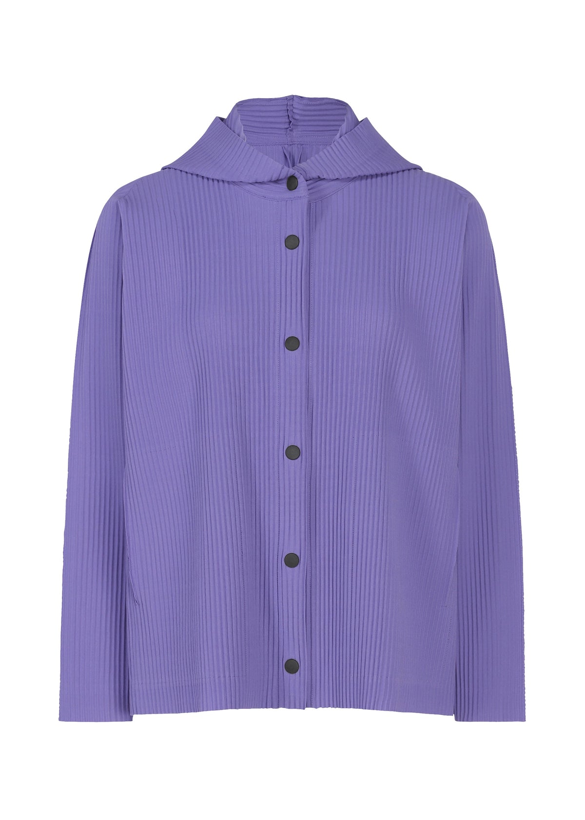 A long-sleeved, pleated knit shirt in purple (FINE KNIT PLEATS COLOR 2) by me ISSEY MIYAKE, featuring black buttons down the front and a short stand-up collar. view 4 of 10