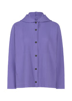 A long-sleeved, pleated knit shirt in purple (FINE KNIT PLEATS COLOR 2) by me ISSEY MIYAKE, featuring black buttons down the front and a short stand-up collar. - PURPLE （no.81）