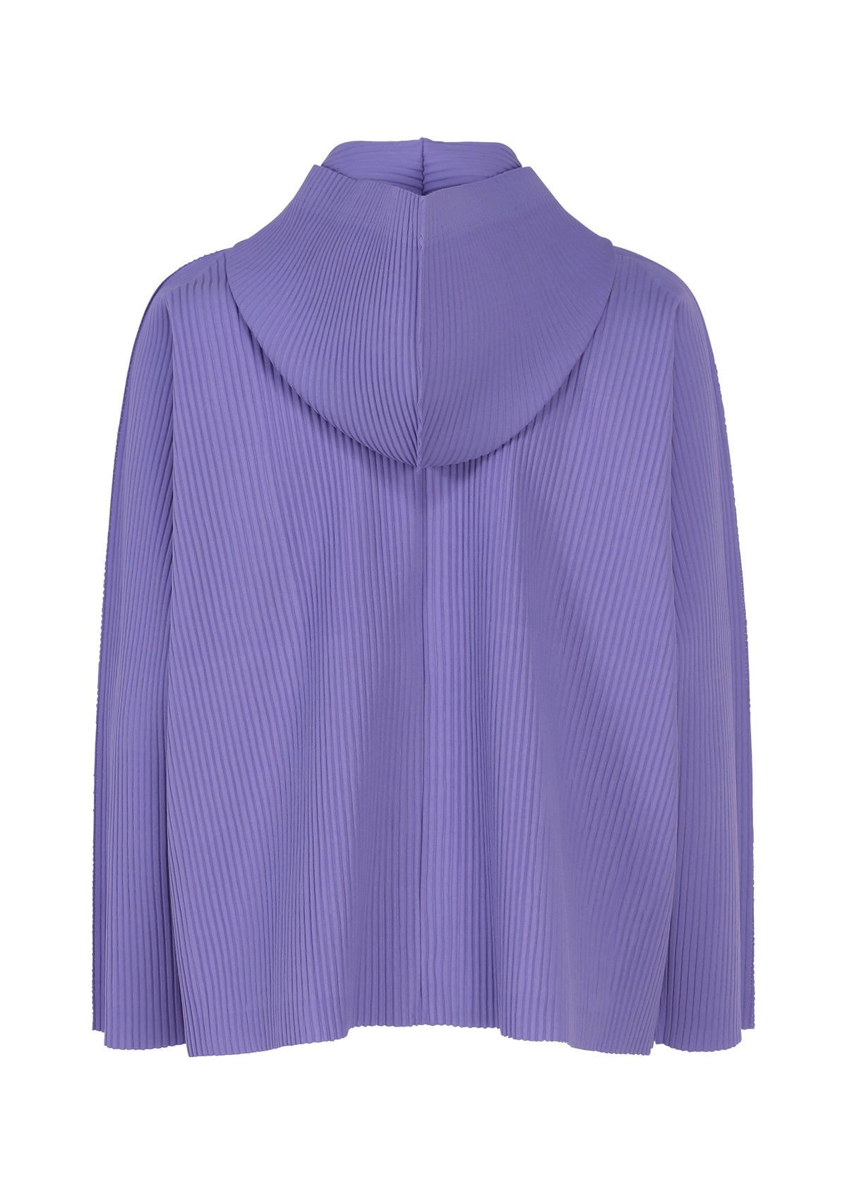 A FINE KNIT PLEATS COLOR 2 hoodie by me ISSEY MIYAKE in lavender, featuring a pleated knit cape and a hood, is shown from the back against a white background. view 5 of 10