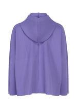 A FINE KNIT PLEATS COLOR 2 hoodie by me ISSEY MIYAKE in lavender, featuring a pleated knit cape and a hood, is shown from the back against a white background.
