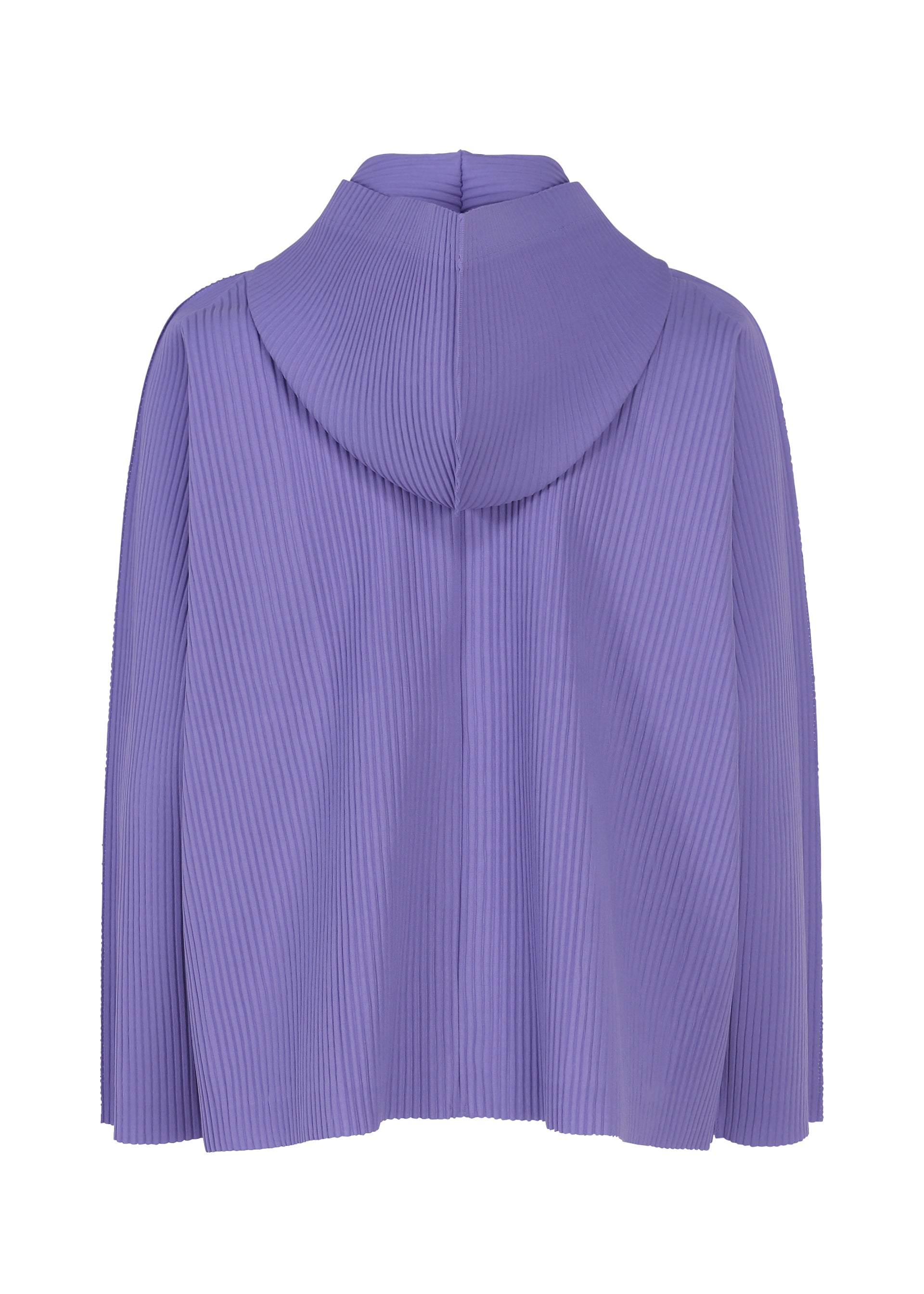 Zoomed view A FINE KNIT PLEATS COLOR 2 hoodie by me ISSEY MIYAKE in lavender, featuring a pleated knit cape and a hood, is shown from the back against a white background.