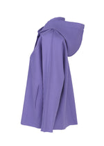 Side view of a lavender FINE KNIT PLEATS COLOR 2 hoodie by me ISSEY MIYAKE with long sleeves, a front pocket, and a relaxed fit. The lightweight hoodie showcases a textured, vertical stripe pattern created by the pleated knit fabric.
