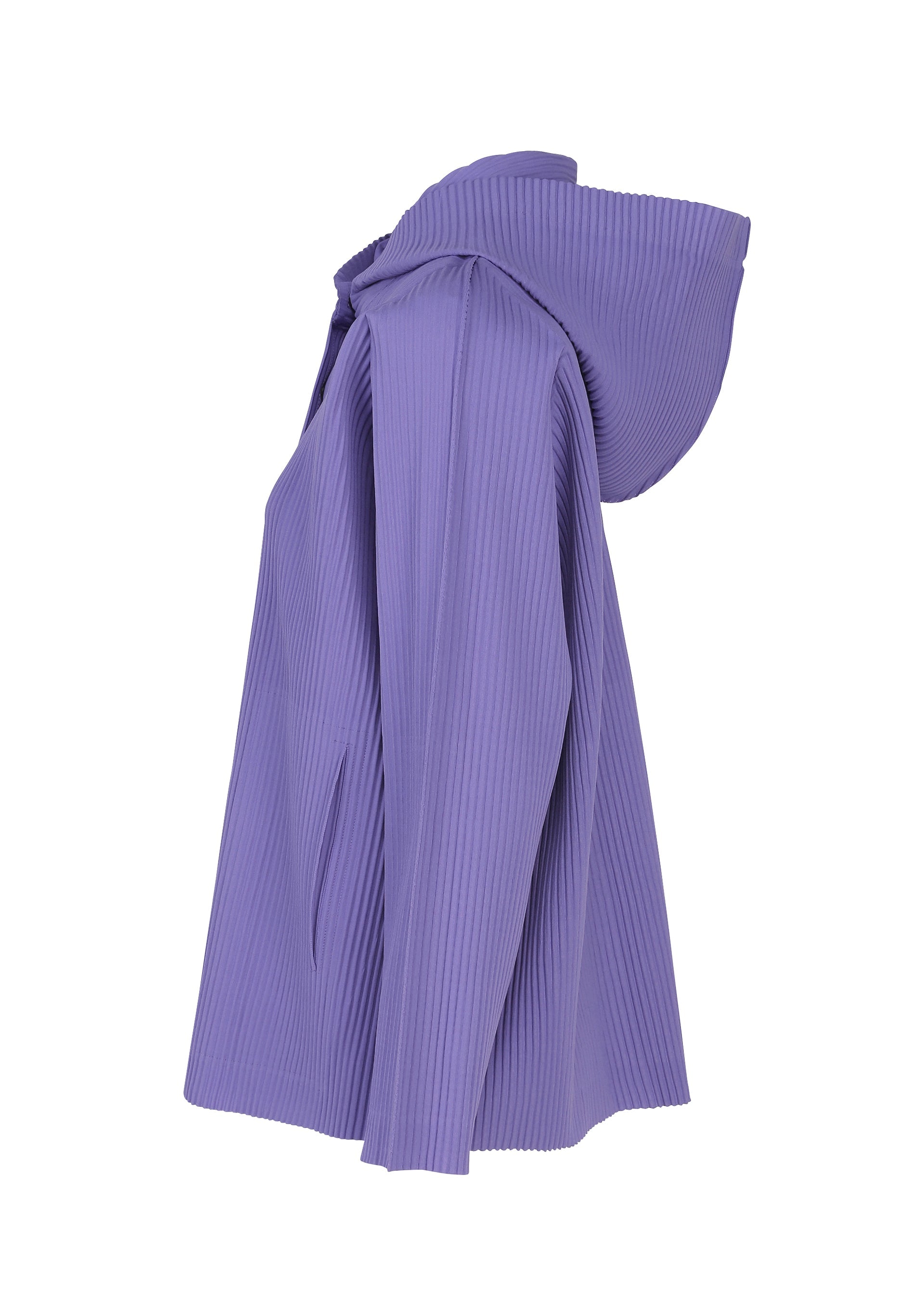 Zoomed view Side view of a lavender FINE KNIT PLEATS COLOR 2 hoodie by me ISSEY MIYAKE with long sleeves, a front pocket, and a relaxed fit. The lightweight hoodie showcases a textured, vertical stripe pattern created by the pleated knit fabric.