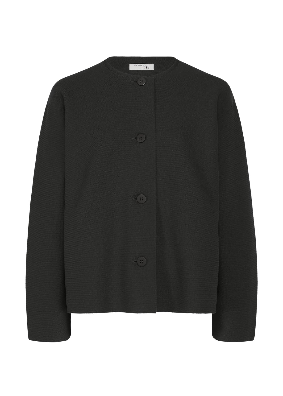 The SOLID KNIT by me ISSEY MIYAKE is a black, long-sleeve button-up cardigan with a round neckline and four front buttons, shown garment-dyed against a white background. view 2 of 8