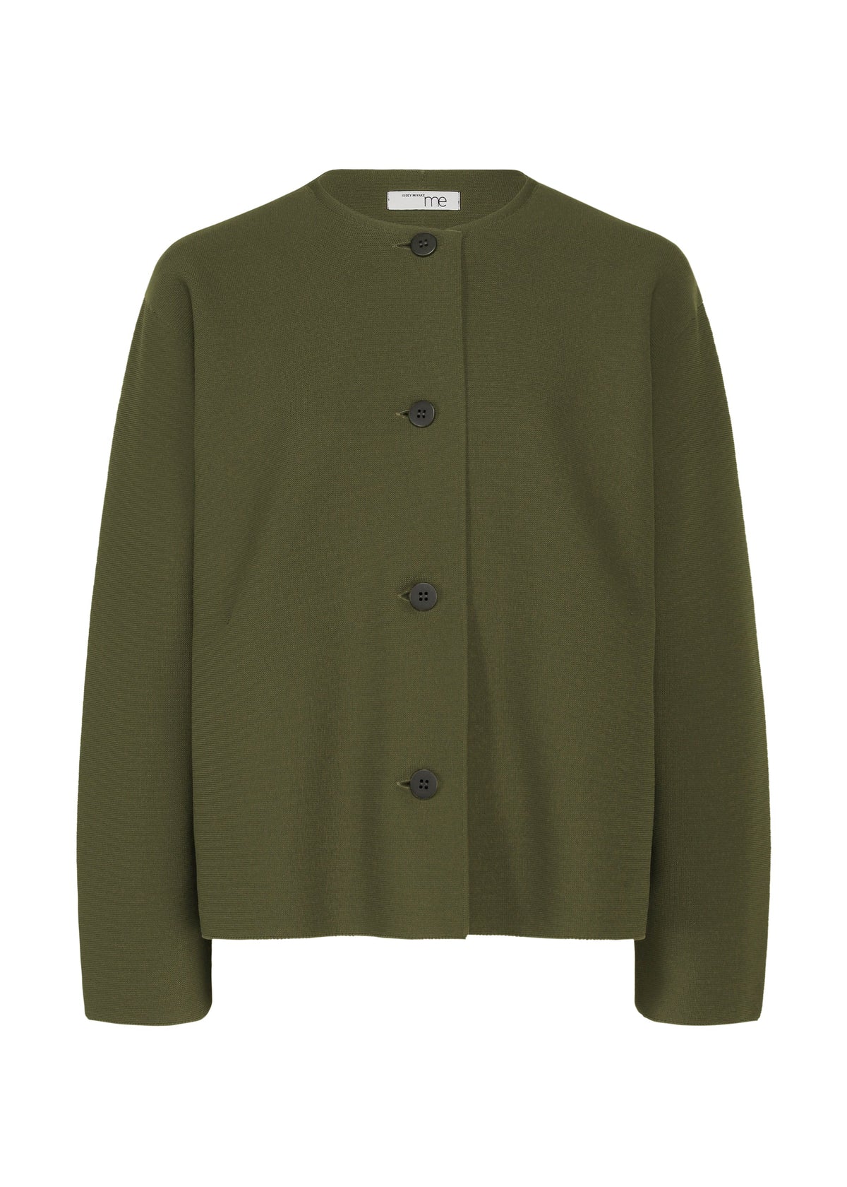 The SOLID KNIT by me ISSEY MIYAKE is an olive green, long-sleeved, garment-dyed jacket with a round neckline, five black front buttons, and a minimalist design crafted from recycled polyester. view 3 of 8