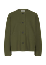 The SOLID KNIT by me ISSEY MIYAKE is an olive green, long-sleeved, garment-dyed jacket with a round neckline, five black front buttons, and a minimalist design crafted from recycled polyester. - KHAKI （no.65）