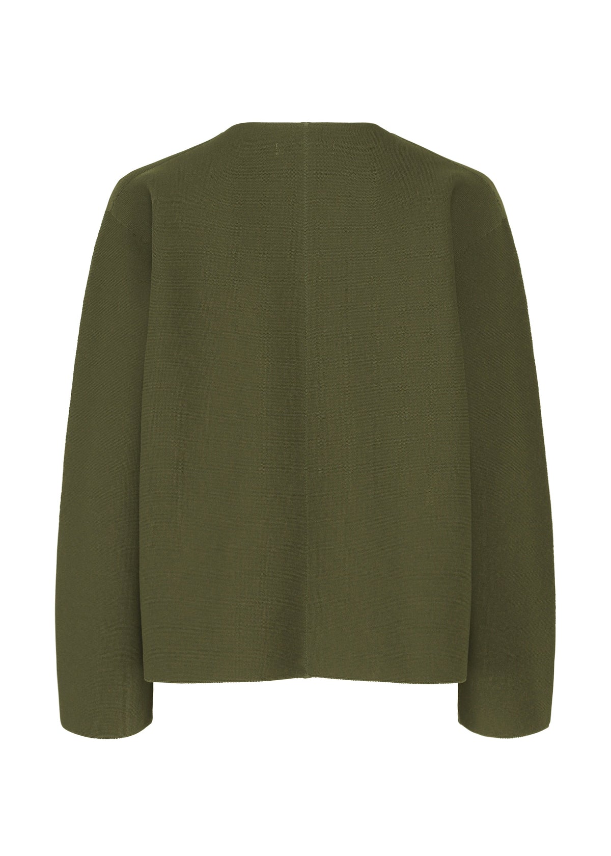 The SOLID KNIT by me ISSEY MIYAKE in olive green is a long-sleeve, garment-dyed knit jacket shown from the back, featuring a plain design with a straight hem and central seam. view 4 of 8