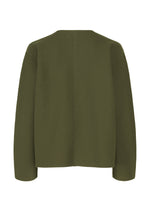 The SOLID KNIT by me ISSEY MIYAKE in olive green is a long-sleeve, garment-dyed knit jacket shown from the back, featuring a plain design with a straight hem and central seam.