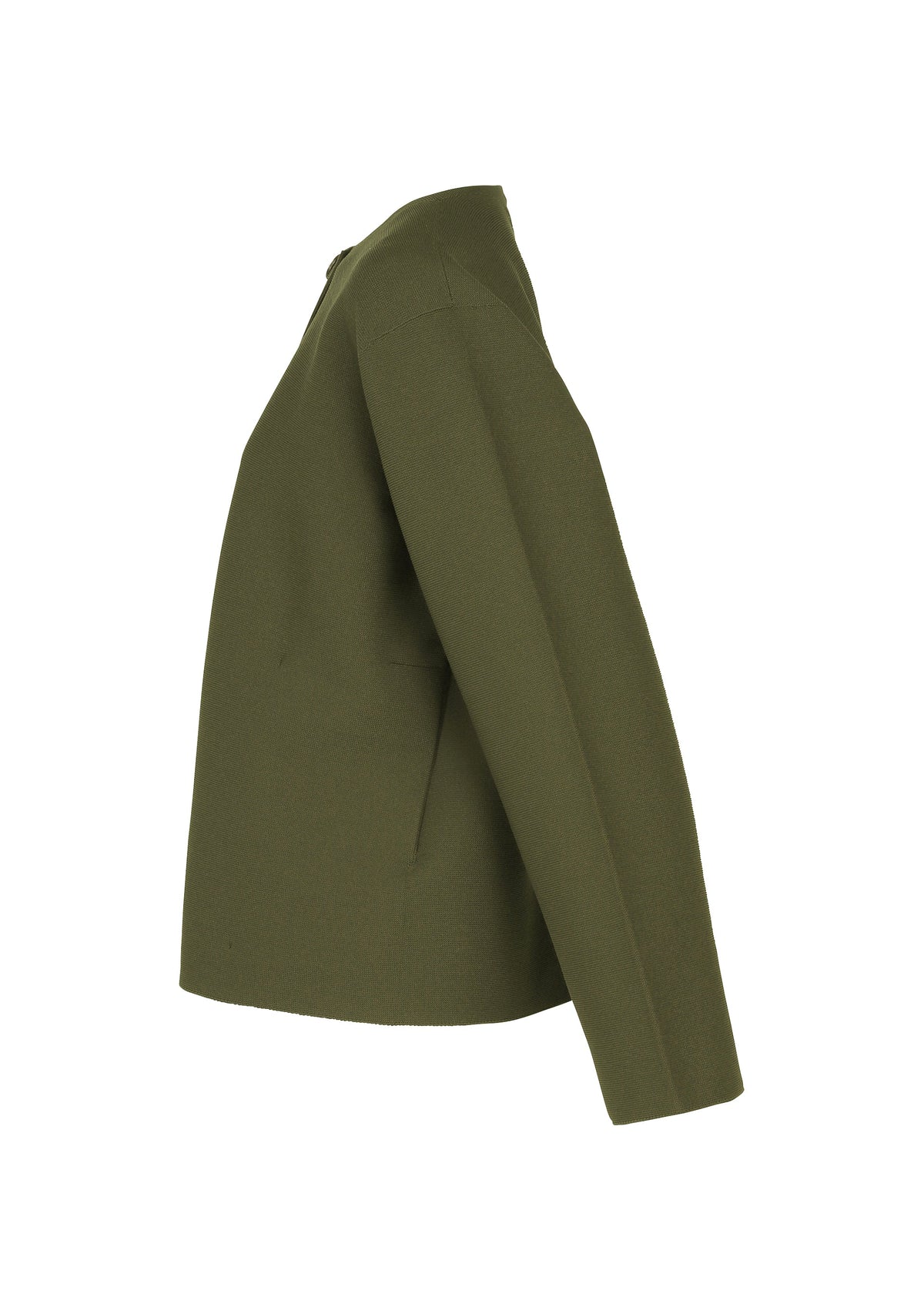Zoomed view Side view of the SOLID KNIT by me ISSEY MIYAKE, an olive green, long-sleeve garment-dyed knit jacket in recycled polyester with a structured, straight silhouette shown on a white background.