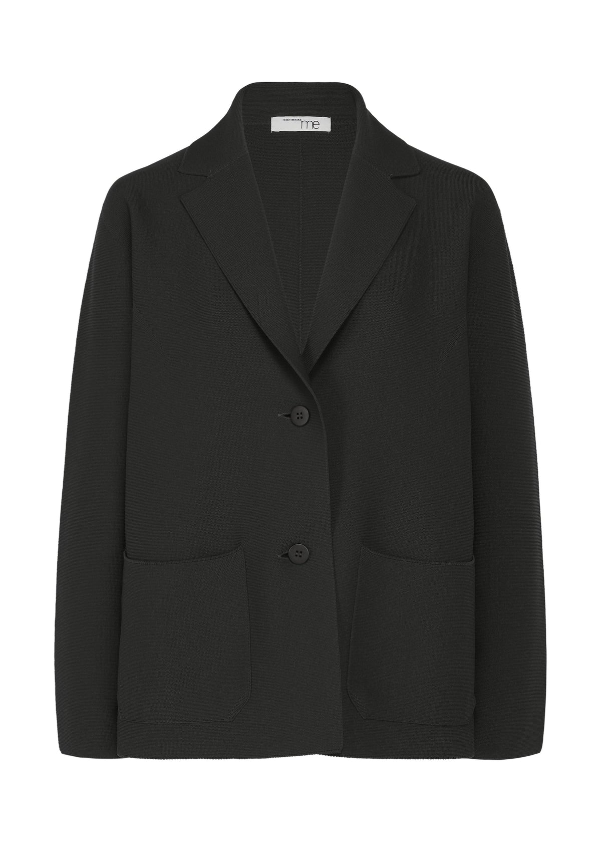 The SOLID KNIT by me ISSEY MIYAKE is a black garment-dyed jacket with two front buttons, notched lapel, and large pockets, made from recycled polyester—perfect for elevating formal looks. Shown on a white background. view 2 of 8