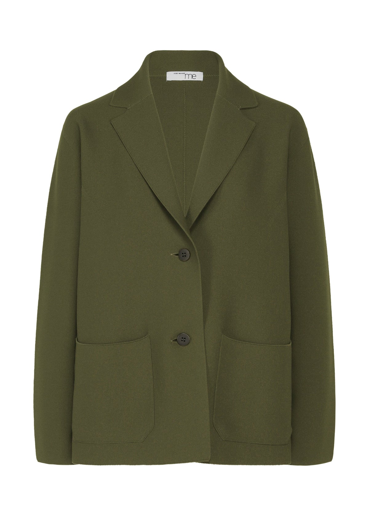 Zoomed view The SOLID KNIT by me ISSEY MIYAKE is an olive green, garment-dyed knit jacket with notched lapels, two front buttons, and large pockets, crafted from recycled polyester and shown on a white background. - KHAKI （no.65）