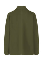 Back view of the olive green SOLID KNIT by me ISSEY MIYAKE—a long-sleeved, garment-dyed knit jacket with straight cut and simple collar in recycled polyester, shown on a white background.