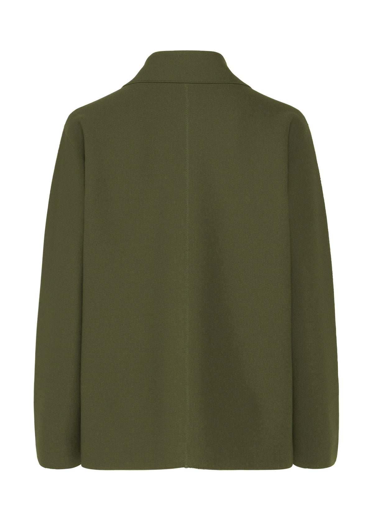 Zoomed view Back view of the olive green SOLID KNIT by me ISSEY MIYAKE—a long-sleeved, garment-dyed knit jacket with straight cut and simple collar in recycled polyester, shown on a white background.