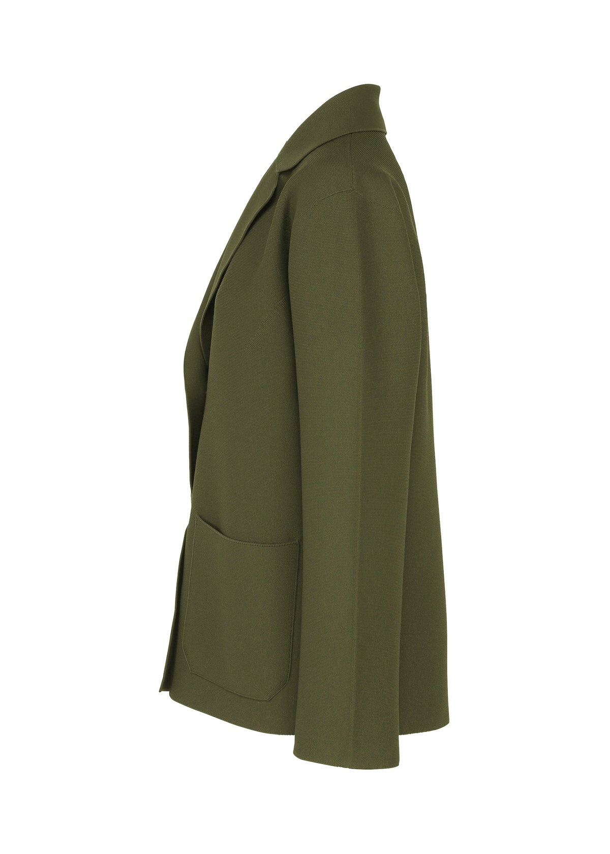 SOLID KNIT by me ISSEY MIYAKE in olive green, shown side view with notched lapel, long sleeves, and a large front pocket. Garment-dyed knit jacket displayed on a plain white background. view 5 of 8