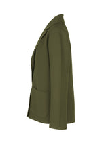 SOLID KNIT by me ISSEY MIYAKE in olive green, shown side view with notched lapel, long sleeves, and a large front pocket. Garment-dyed knit jacket displayed on a plain white background.