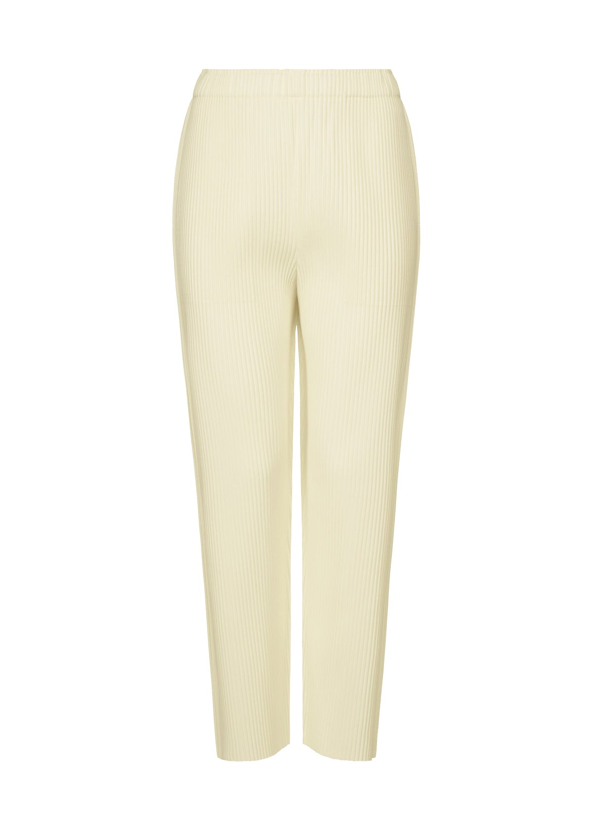 The FINE KNIT PLEATS by me ISSEY MIYAKE are cream-colored, high-waisted straight pants with fine knit pleats and an elastic waistband, shown against a white background. view 1 of 5