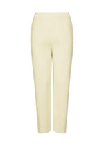The FINE KNIT PLEATS by me ISSEY MIYAKE are cream-colored, high-waisted straight pants with fine knit pleats and an elastic waistband, shown against a white background. - WHITE （no.01）