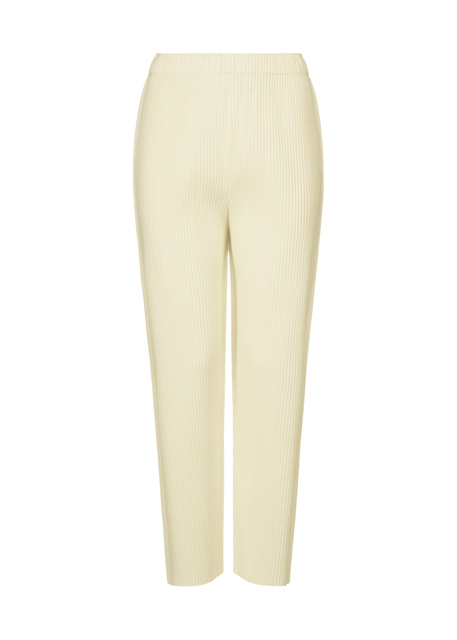 Zoomed view The FINE KNIT PLEATS by me ISSEY MIYAKE are cream-colored, high-waisted straight pants with fine knit pleats and an elastic waistband, shown against a white background. - WHITE （no.01）