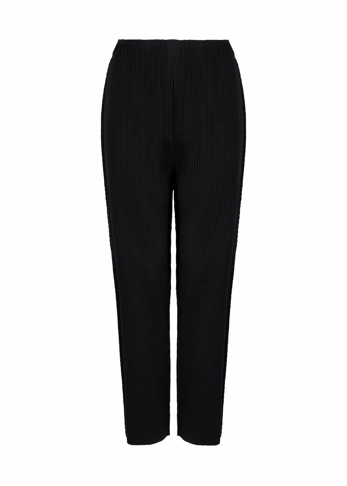 Zoomed view The FINE KNIT PLEATS by me ISSEY MIYAKE are black, high-waisted straight pants with a ribbed texture and pleats, shown against a white background. - BLACK （no.15）