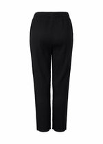 The FINE KNIT PLEATS pants by me ISSEY MIYAKE are black, lightweight, ribbed, high-waisted straight pants with fine knit pleats, a relaxed fit, and an elastic waistband, shown from the back against a white background.