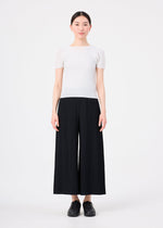 A person stands facing forward against a plain white background, wearing a fitted white short-sleeve top, black FINE KNIT PLEATS pants by me ISSEY MIYAKE, and black shoes.