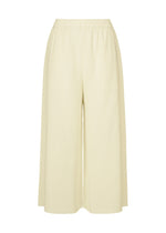 The FINE KNIT PLEATS trousers by me ISSEY MIYAKE are wide-leg, high-waisted, cream-colored pants with fine knit pleats and an elastic waistband, displayed against a plain white background. - WHITE （no.01）