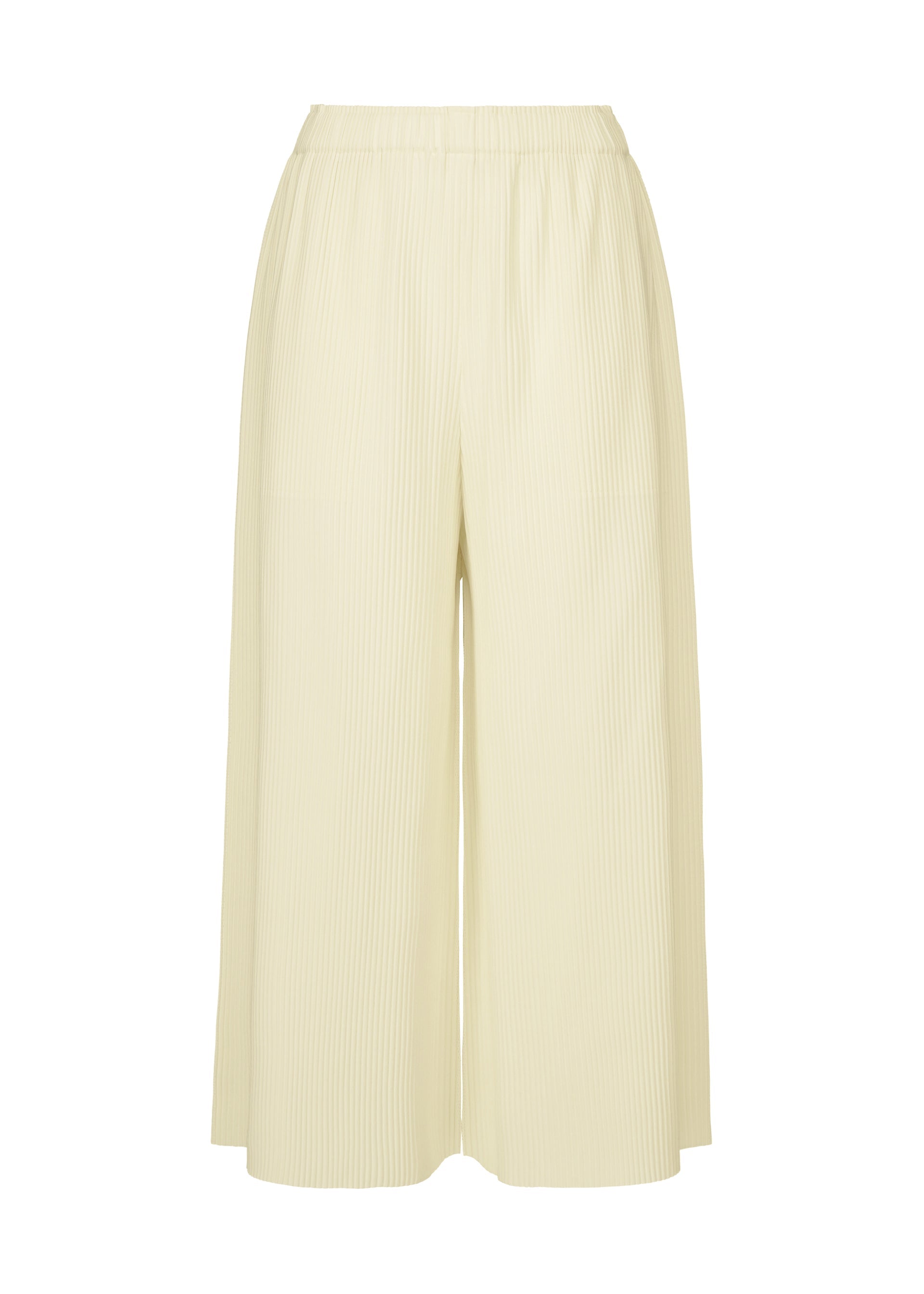 Zoomed view The FINE KNIT PLEATS trousers by me ISSEY MIYAKE are wide-leg, high-waisted, cream-colored pants with fine knit pleats and an elastic waistband, displayed against a plain white background. - WHITE （no.01）
