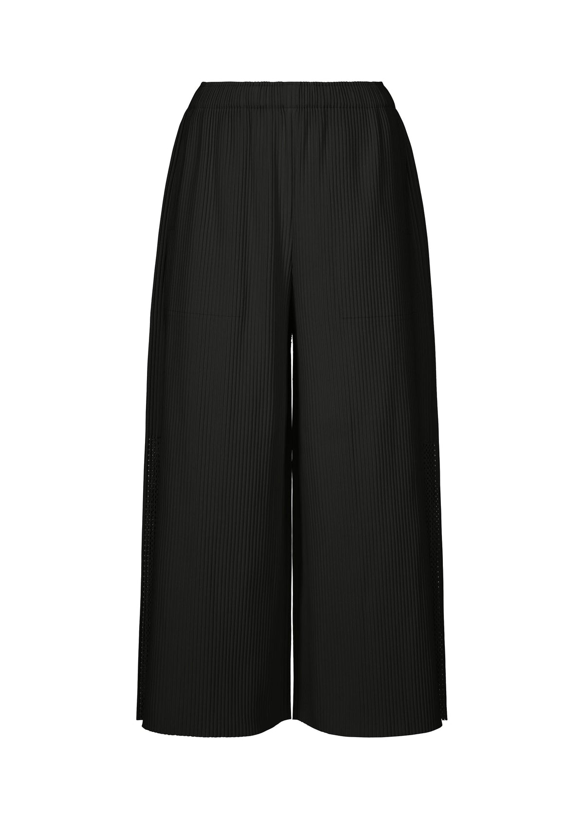 The MESH PLEATS wide-leg black pants by me ISSEY MIYAKE feature fine knit pleats, an elastic waistband, and a lightweight, flowy fit for all-day comfort, shown against a white background. view 1 of 8
