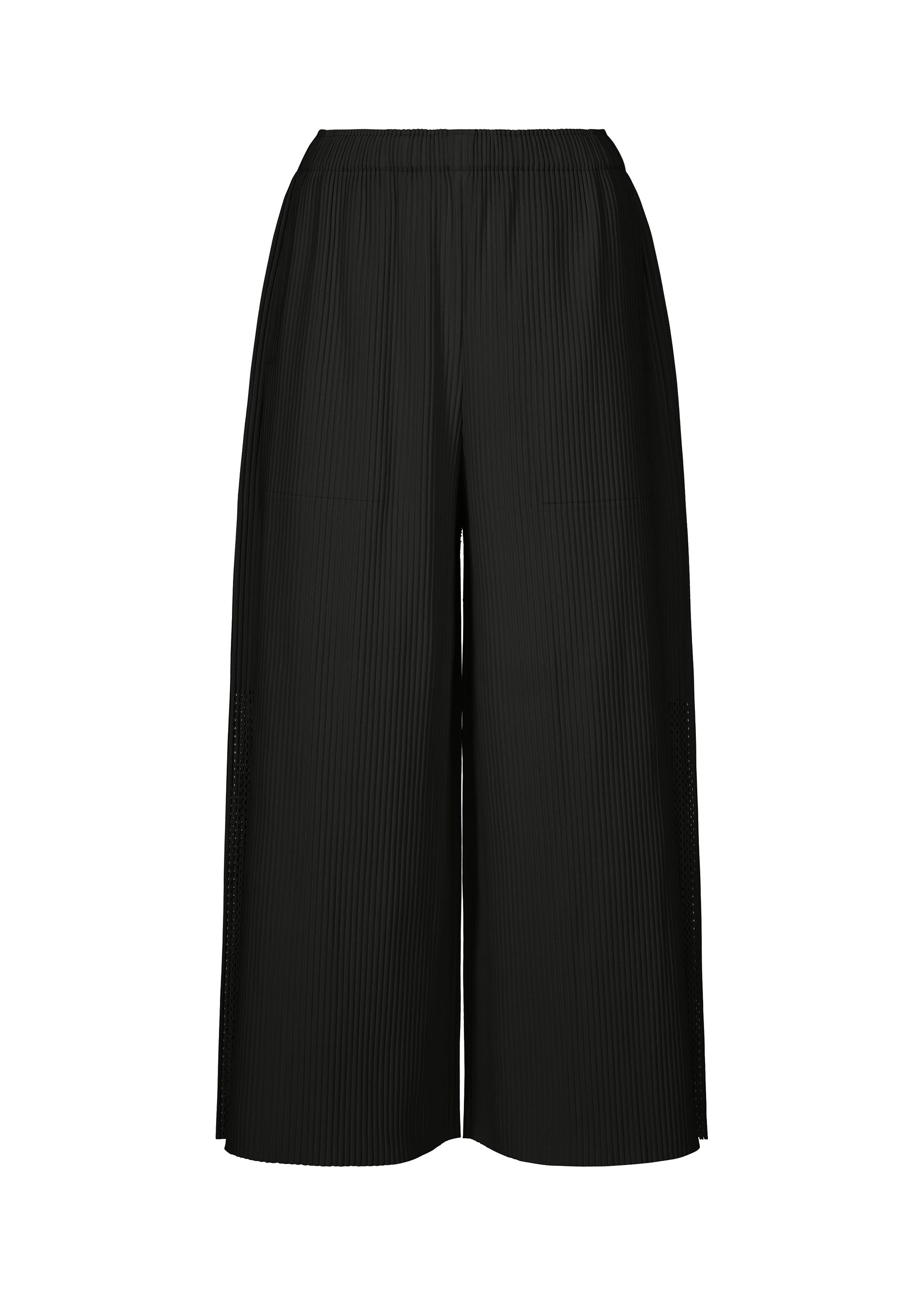 Zoomed view The MESH PLEATS wide-leg black pants by me ISSEY MIYAKE feature fine knit pleats, an elastic waistband, and a lightweight, flowy fit for all-day comfort, shown against a white background. - BLACK （no.15）