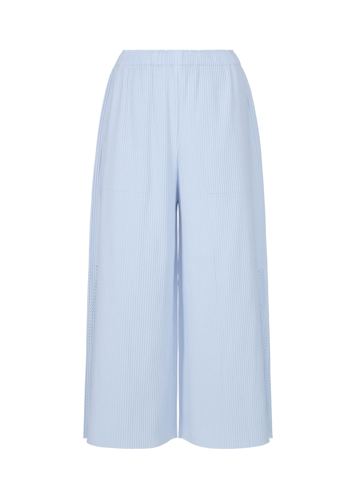 The MESH PLEATS pants by me ISSEY MIYAKE are light blue, full-length wide-legs in lightweight knit with fine pleats, subtle vertical texture, an elastic waistband, relaxed flowy fit, and no visible fasteners. view 3 of 8