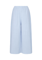 The MESH PLEATS pants by me ISSEY MIYAKE are light blue, full-length wide-legs in lightweight knit with fine pleats, subtle vertical texture, an elastic waistband, relaxed flowy fit, and no visible fasteners. - FOGGY BLUE （no.71）