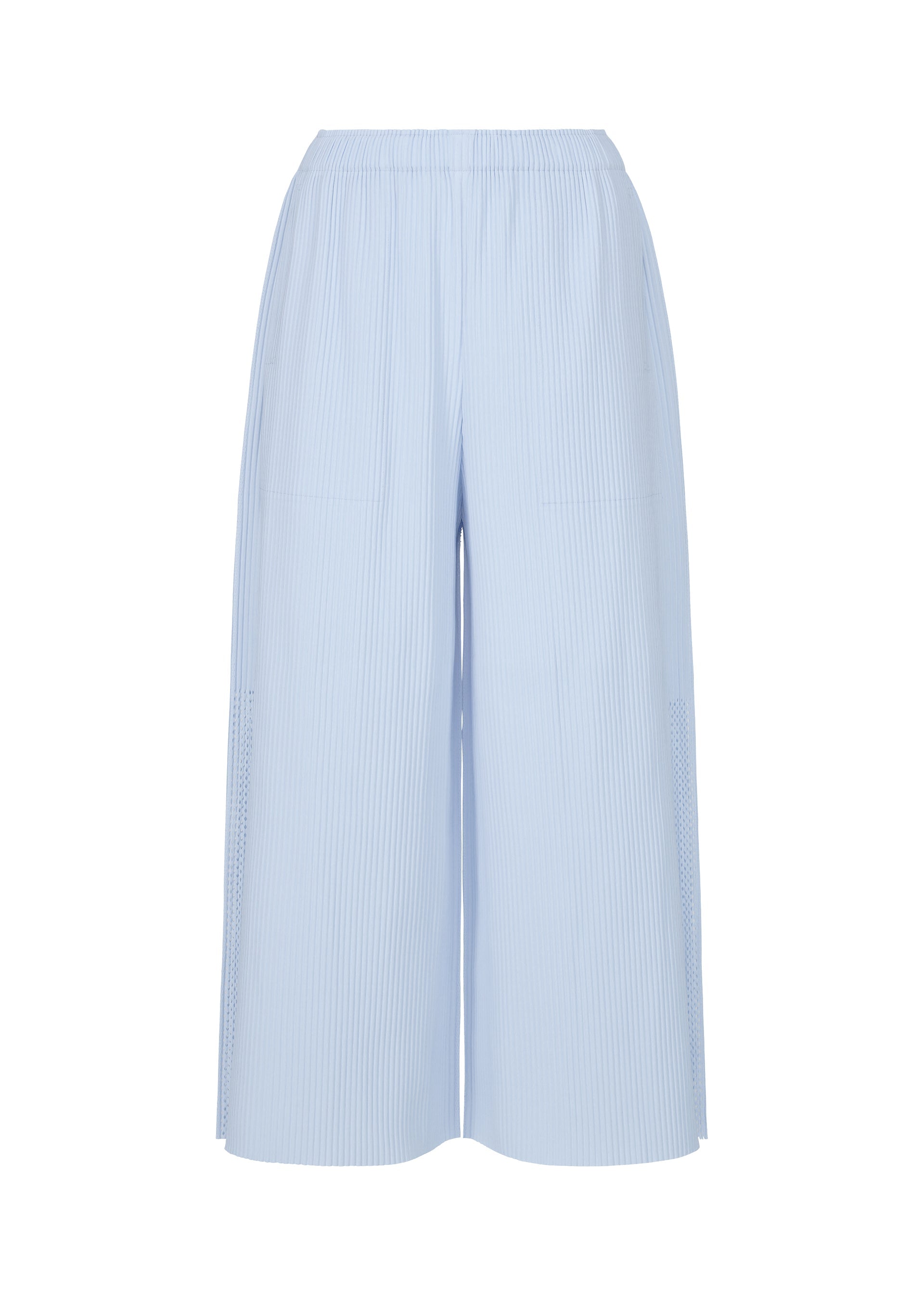 Zoomed view The MESH PLEATS pants by me ISSEY MIYAKE are light blue, full-length wide-legs in lightweight knit with fine pleats, subtle vertical texture, an elastic waistband, relaxed flowy fit, and no visible fasteners. - FOGGY BLUE （no.71）