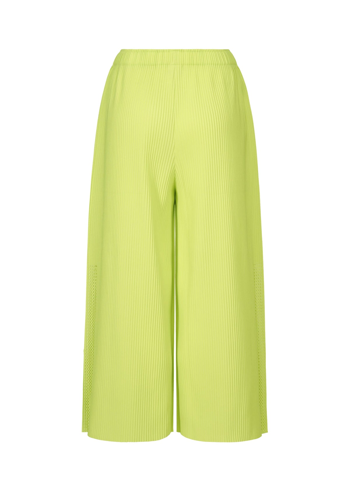 The MESH PLEATS pants by me ISSEY MIYAKE feature a wide-leg silhouette in lime green with fine knit pleats and an elastic waistband, crafted from lightweight knit fabric and shown against a white background. view 4 of 8