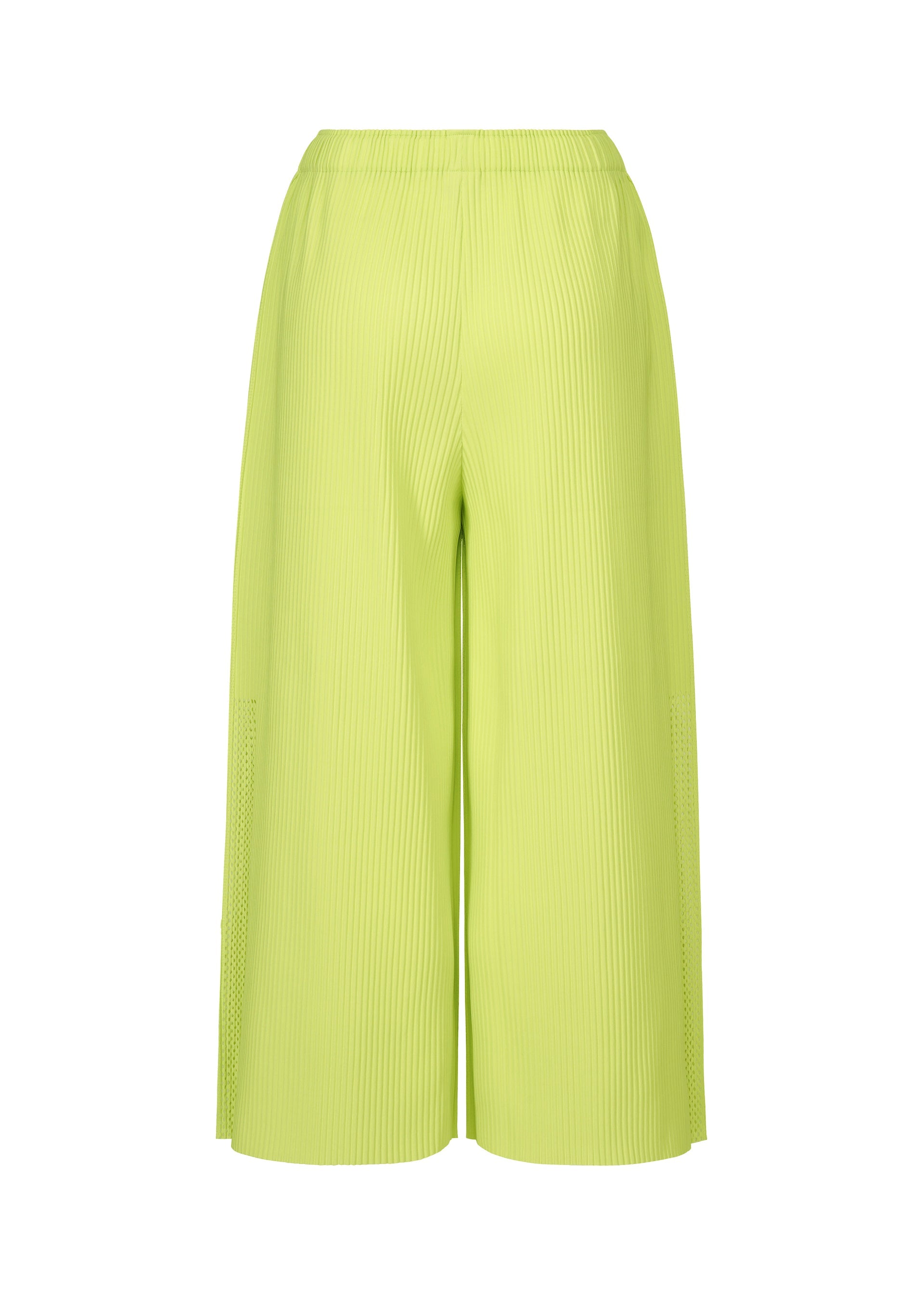 Zoomed view The MESH PLEATS pants by me ISSEY MIYAKE feature a wide-leg silhouette in lime green with fine knit pleats and an elastic waistband, crafted from lightweight knit fabric and shown against a white background.