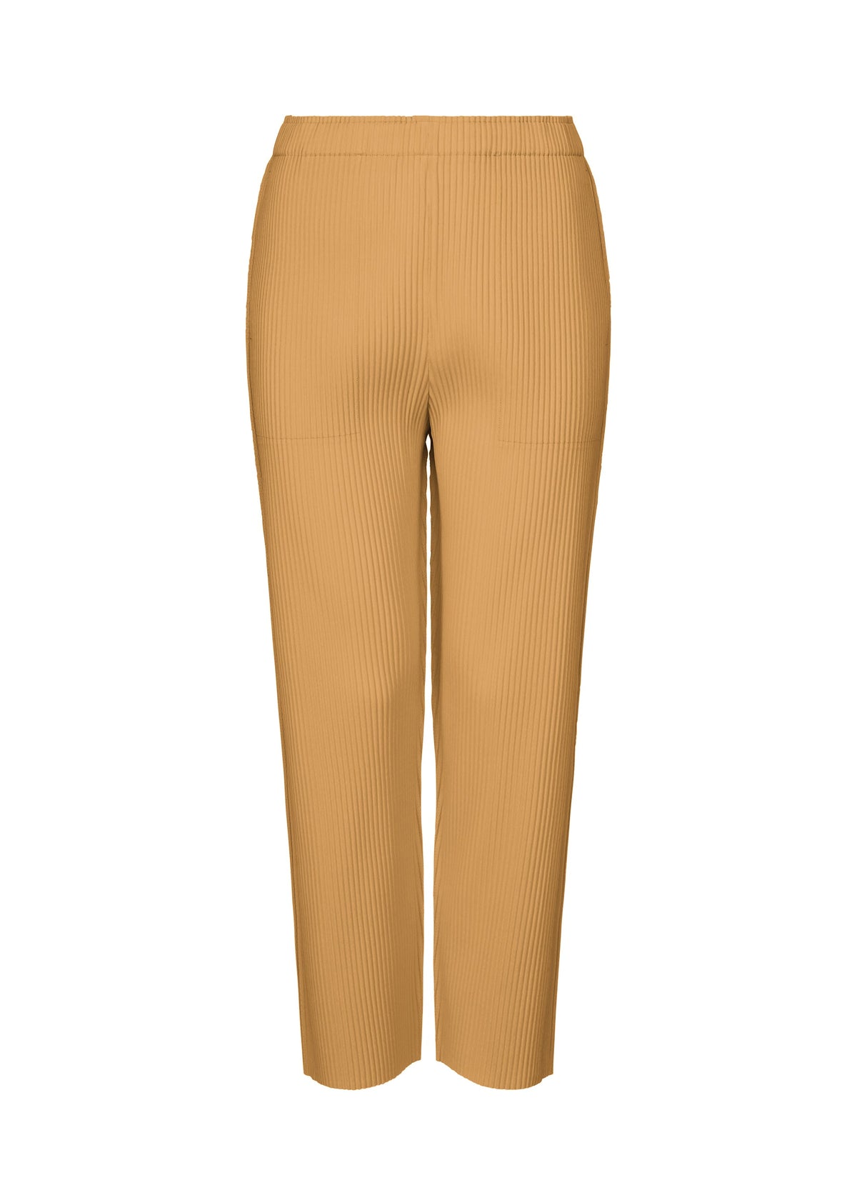 The FINE KNIT PLEATS COLOR 1 pants by me ISSEY MIYAKE are tan, high-waisted straight pants with ribbed texture, fine knit pleats, an elastic waistband, and lightweight fabric shown on a white background. view 1 of 7